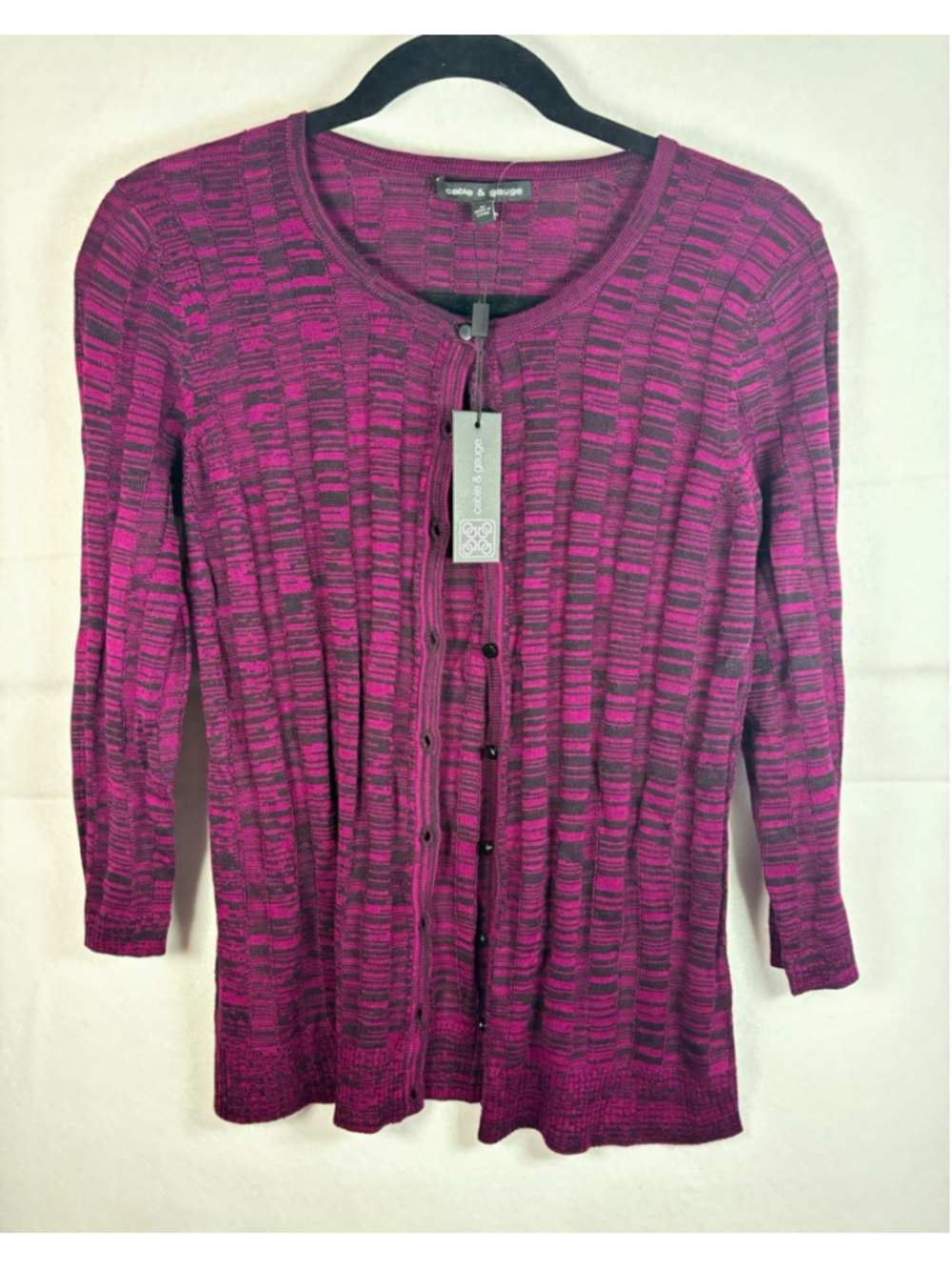 Cable & Gauge Women’s M Purple/Black Striped Knit Button Front Scoop Cardigan
